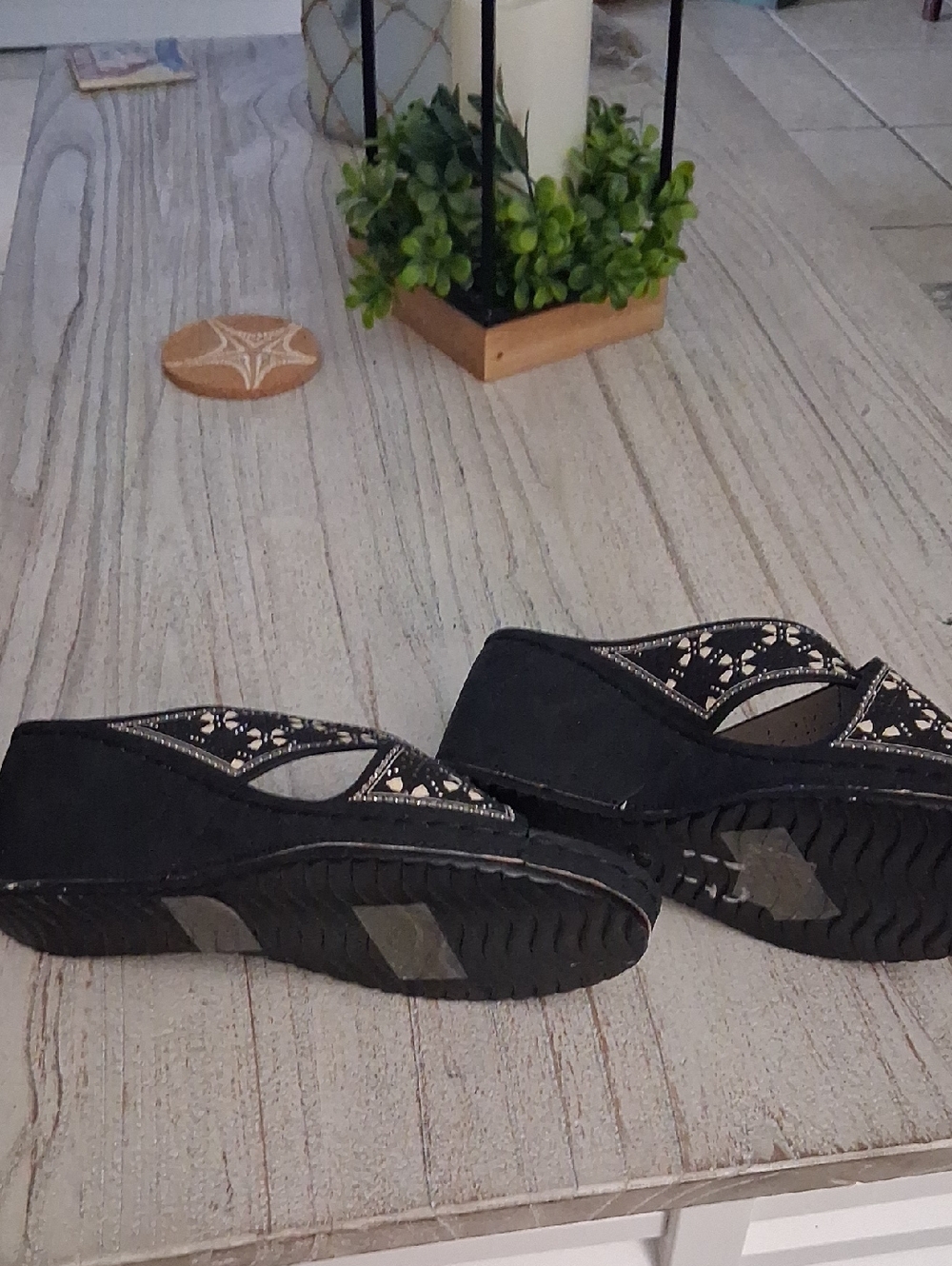 Atalina Black and Cream Crisscross Wedge Sandals - Picture 2 of 9